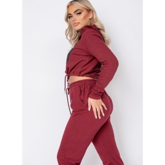 Burgundy Love Print Long Sleeve Hooded Crop Top and Joggers Pants Two Piece Set - Picture 5 of 10